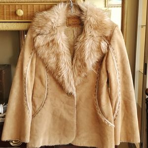 Guess Leather Faux Fur Collar Tan Jacket